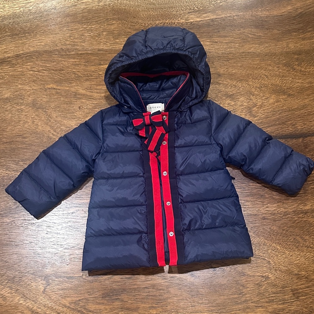 Gucci Navy Down Jacket with Red Trim and Ribbon